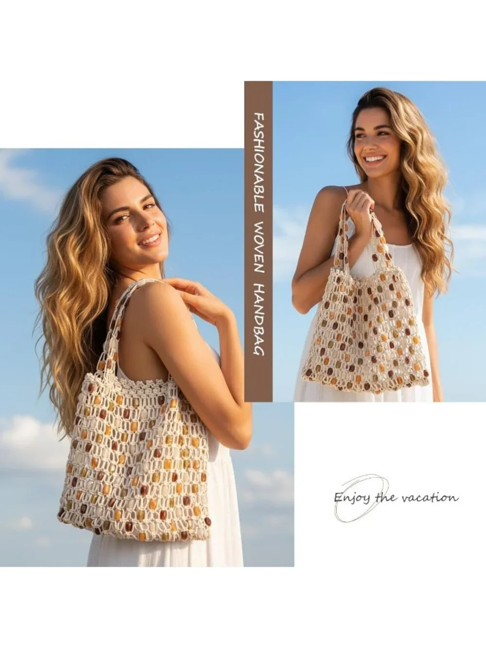 Boho Crochet Shoulder Bag - Beaded Hobo Tote for Summer Beach, Handmade